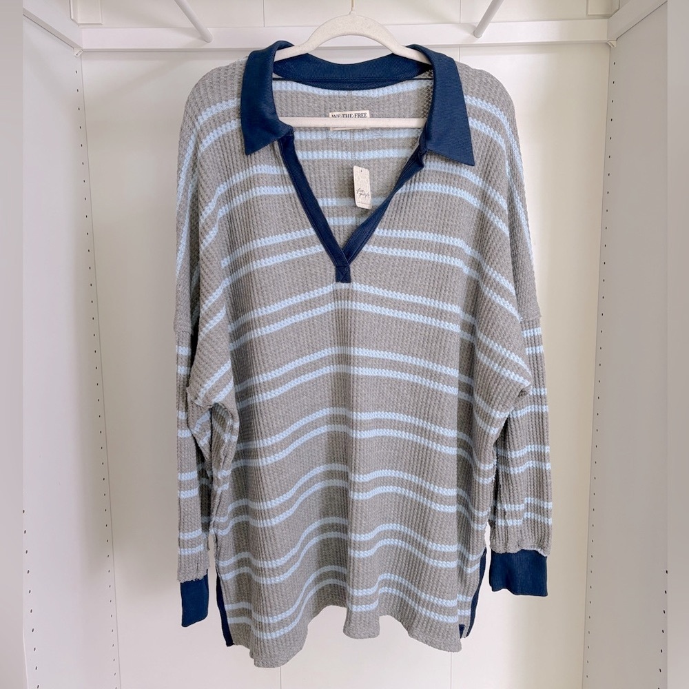 We The Free Gray & Light Blue Striped Polo Waffle Knit Top